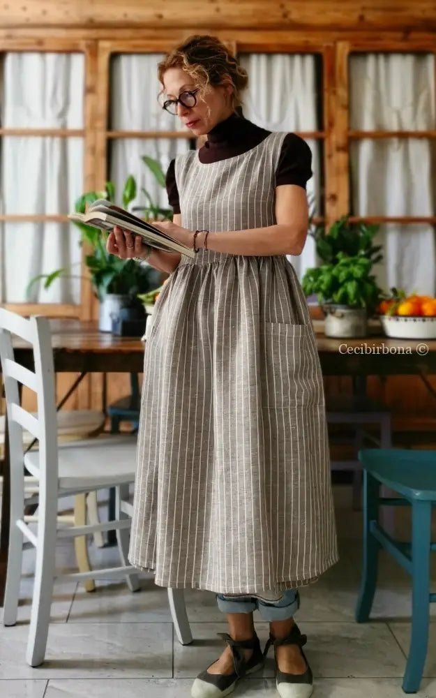 Grembiule donna in lino marrone rigato (Ref. 81) grembiule donna tessuti moderni