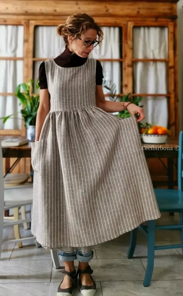 Grembiule donna in lino marrone rigato (Ref. 81) grembiule donna tessuti moderni