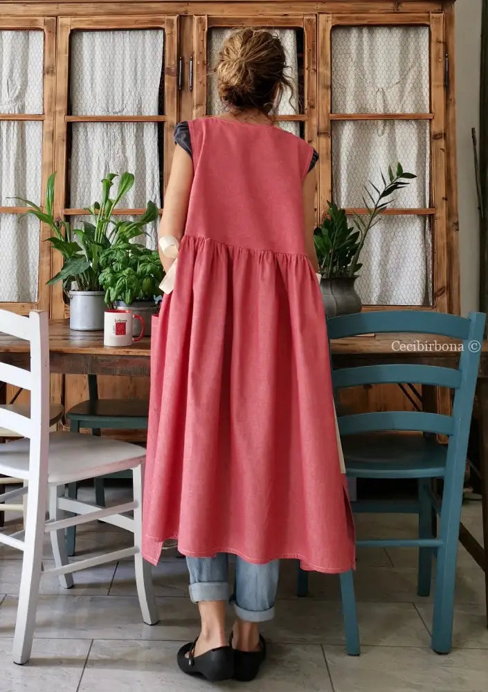 Grembiule donna rosso ciliegia con lacci panna (Ref. 316) grembiule donna tessuti moderni