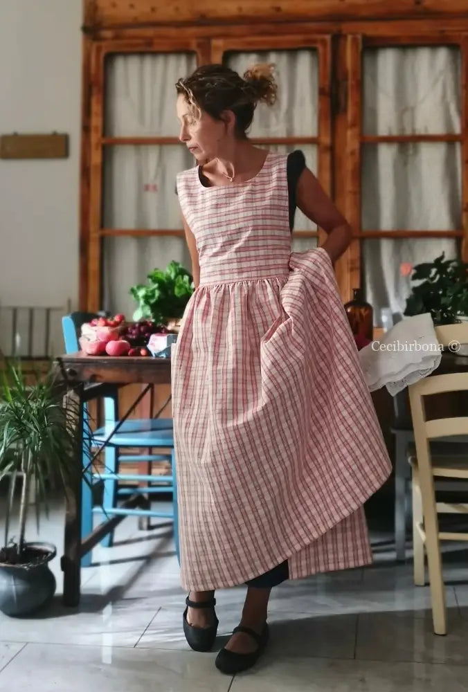 Grembiule in cotone a quadri tartan rosa e panna (Ref. 514) - grembiule donna tessuti moderni
