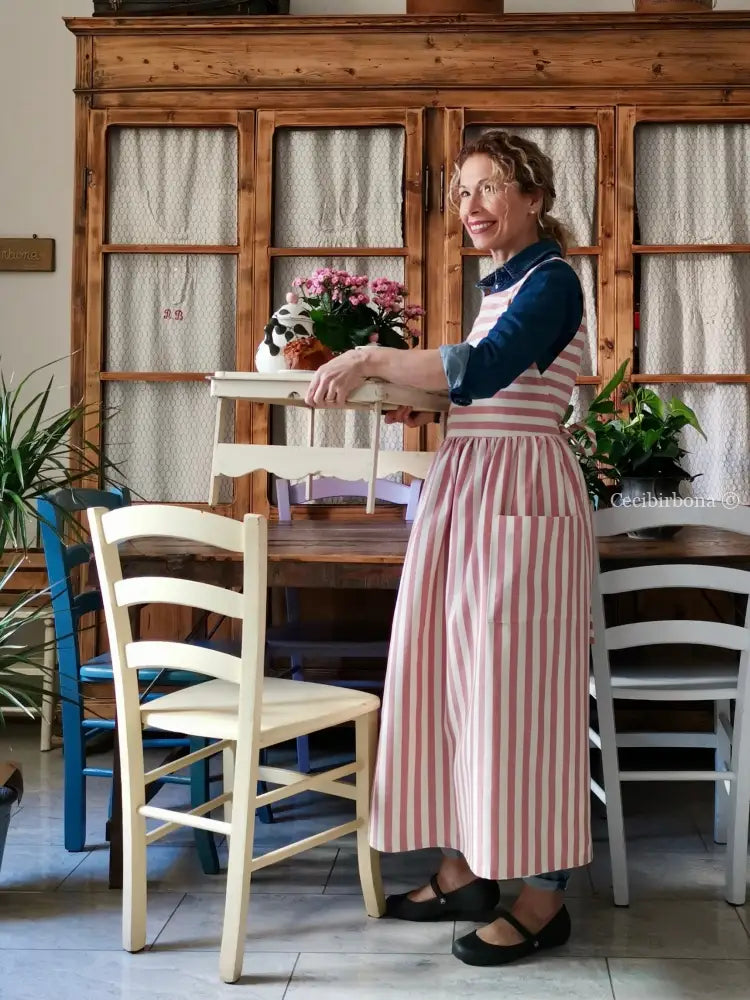 Grembiule in cotone a righe rosa antico (Ref. 393) grembiule donna tessuti moderni