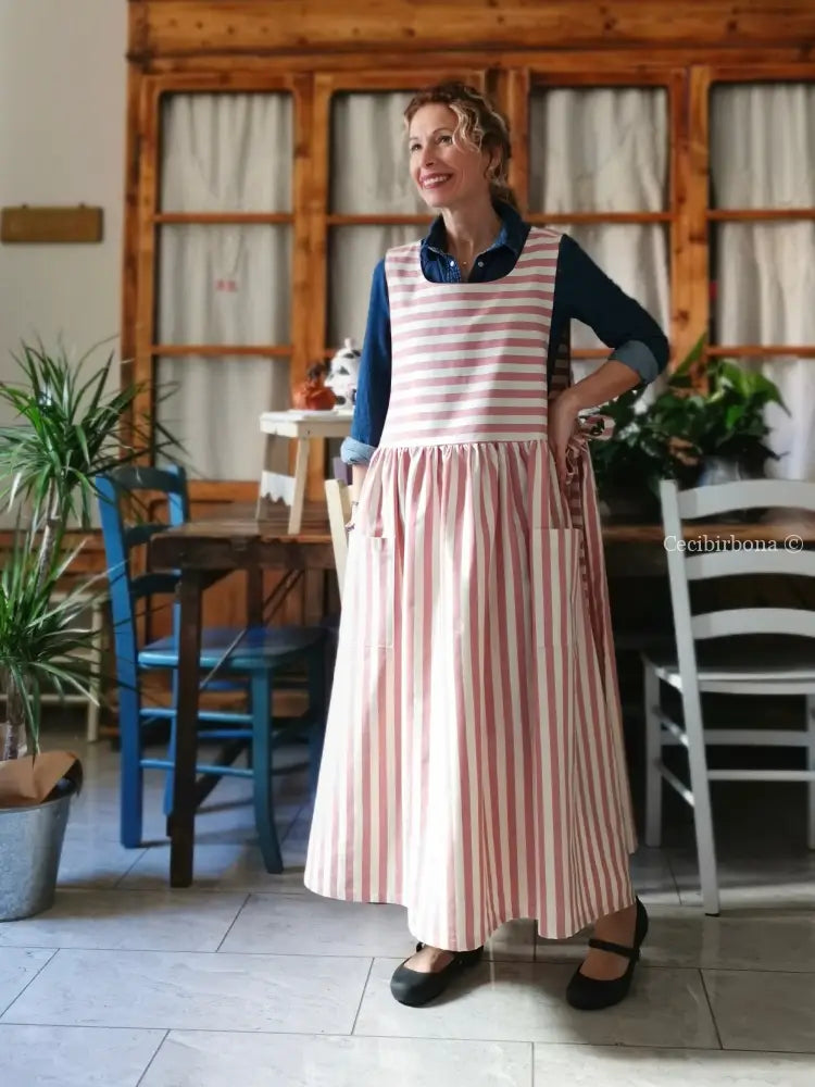 Grembiule in cotone a righe rosa antico (Ref. 393) grembiule donna tessuti moderni