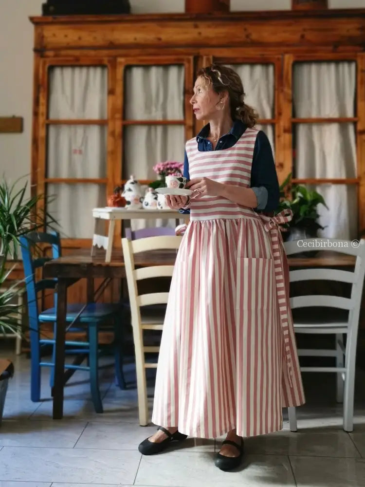 Grembiule in cotone a righe rosa antico (Ref. 393) grembiule donna tessuti moderni