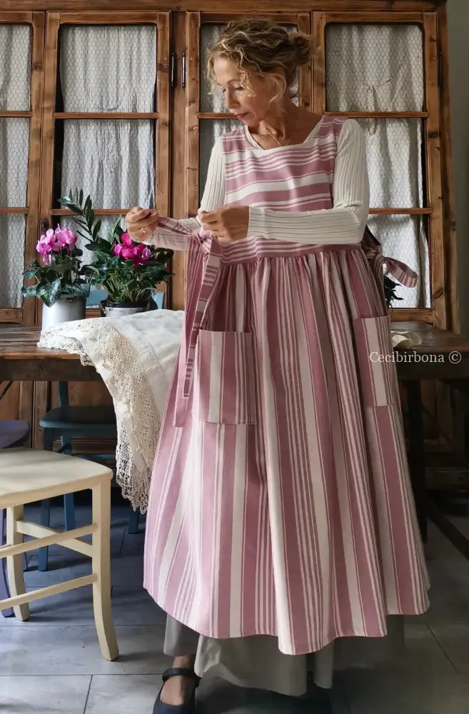 Grembiule in cotone a righe rosa e panna (Ref. 67) grembiule donna tessuti moderni