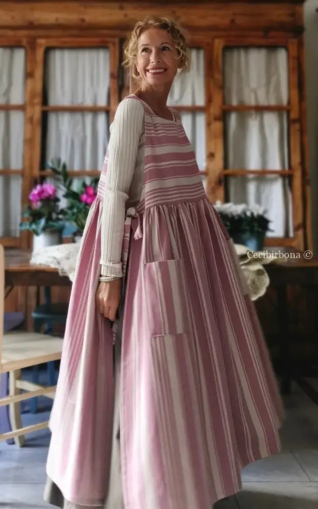 Grembiule in cotone a righe rosa e panna (Ref. 67) grembiule donna tessuti moderni