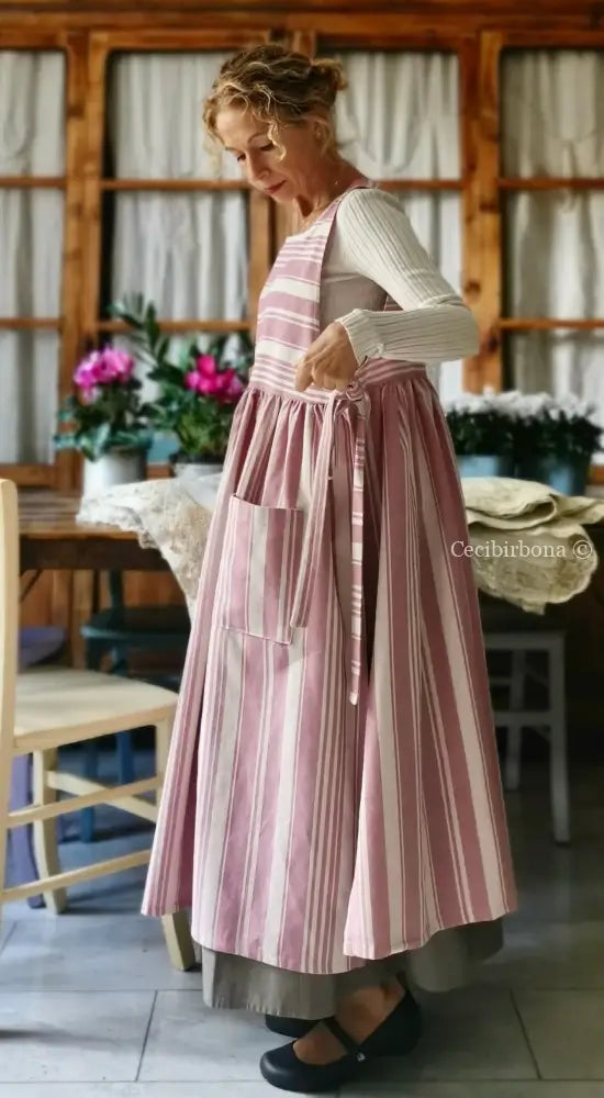 Grembiule in cotone a righe rosa e panna (Ref. 67) grembiule donna tessuti moderni