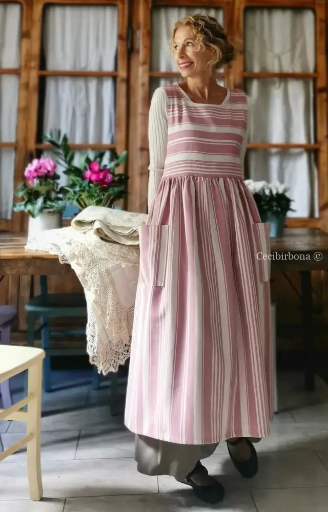 Grembiule in cotone a righe rosa e panna (Ref. 67) grembiule donna tessuti moderni