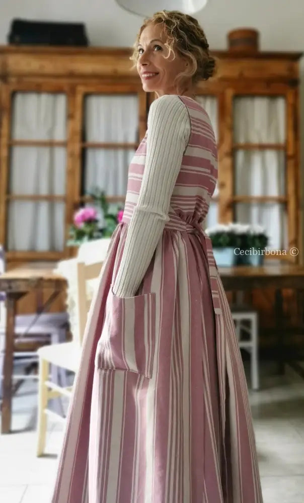 Grembiule in cotone a righe rosa e panna (Ref. 67) grembiule donna tessuti moderni