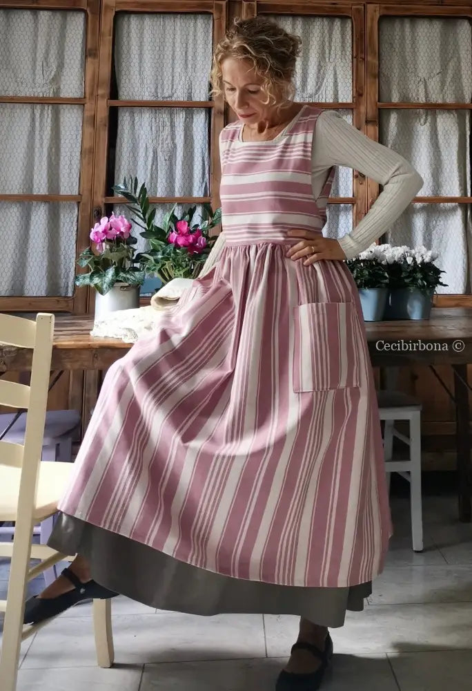 Grembiule in cotone a righe rosa e panna (Ref. 67) grembiule donna tessuti moderni