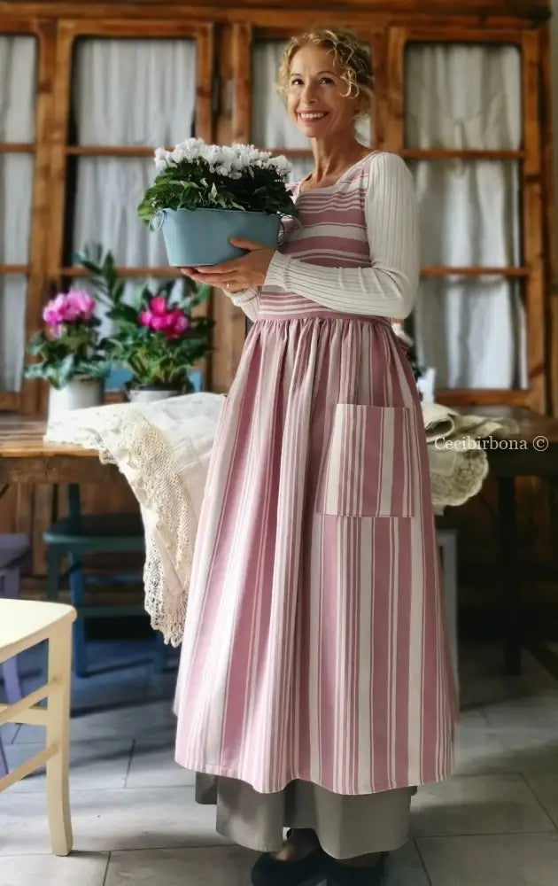 Grembiule in cotone a righe rosa e panna (Ref. 67) grembiule donna tessuti moderni