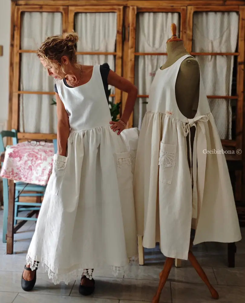 Grembiule in cotone con bordo all’uncinetto (Ref.220) grembiule donna in tessuto antico