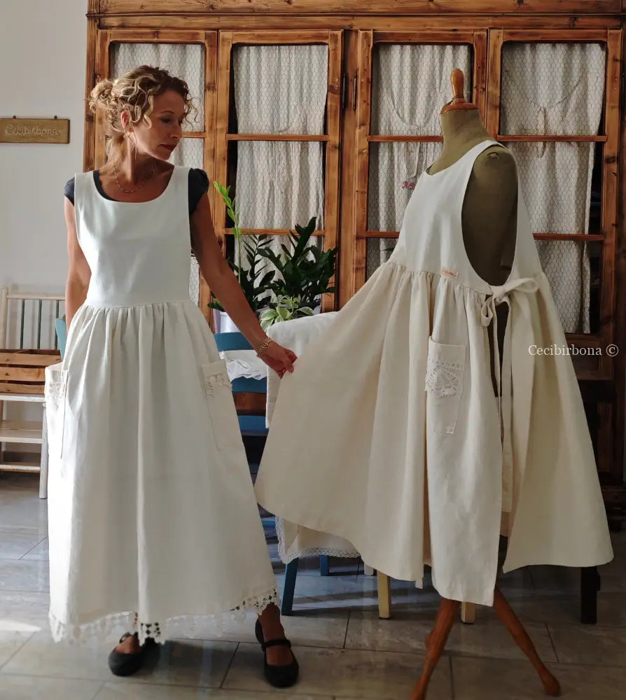 Grembiule in cotone con bordo all’uncinetto (Ref.220) grembiule donna in tessuto antico