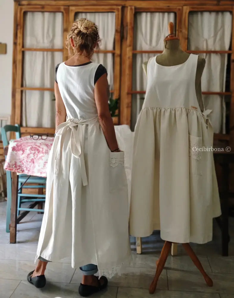 Grembiule in cotone con bordo all’uncinetto (Ref.220) grembiule donna in tessuto antico
