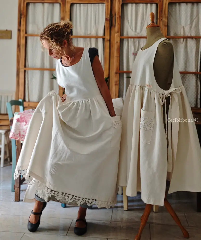 Grembiule in cotone con bordo all’uncinetto (Ref.220) grembiule donna in tessuto antico