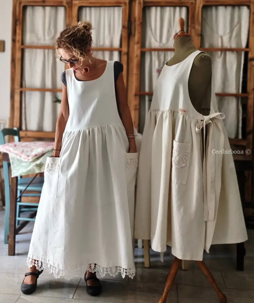 Grembiule in cotone con bordo all’uncinetto (Ref.220) grembiule donna in tessuto antico