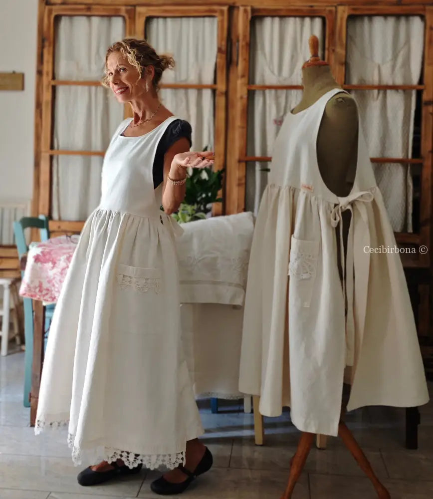 Grembiule in cotone con bordo all’uncinetto (Ref.220) grembiule donna in tessuto antico