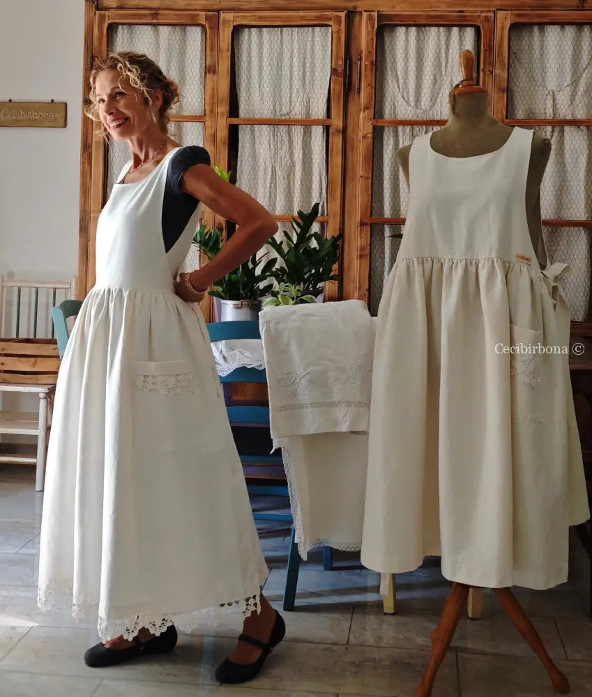 Grembiule in cotone con bordo all’uncinetto (Ref.220) grembiule donna in tessuto antico