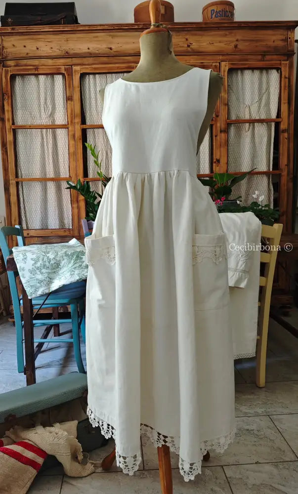 Grembiule in cotone con bordo all’uncinetto (Ref.220) grembiule donna in tessuto antico