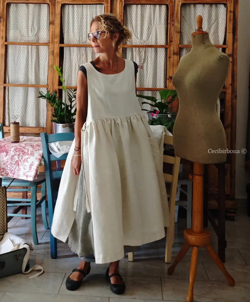 Grembiule in cotone e canapa vintage con bordo all’uncinetto (Ref. 300) grembiule donna in tessuto antico