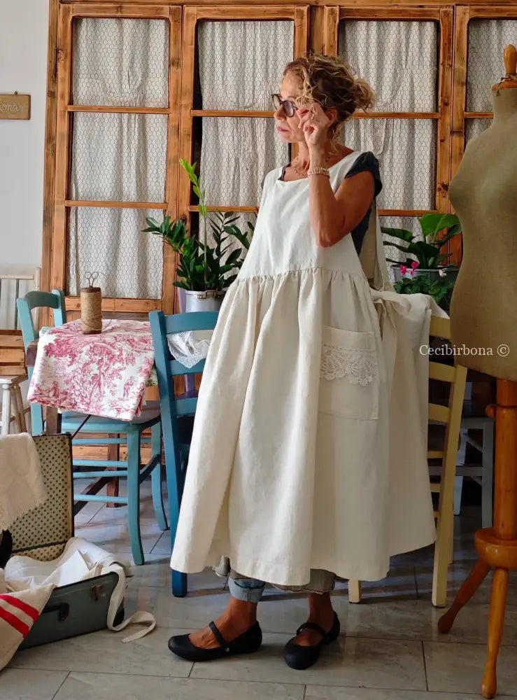 Grembiule in cotone e canapa vintage con bordo all’uncinetto (Ref. 300) grembiule donna in tessuto antico