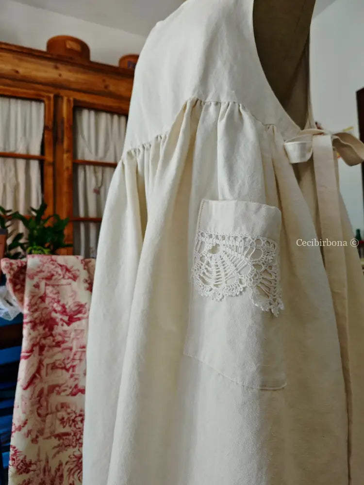 Grembiule in cotone e canapa vintage con bordo all’uncinetto (Ref. 300) grembiule donna in tessuto antico