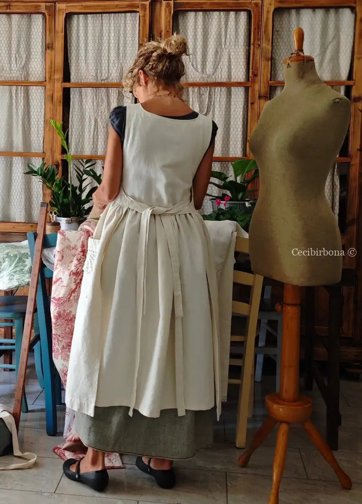 Grembiule in cotone e canapa vintage con bordo all’uncinetto (Ref. 300) grembiule donna in tessuto antico
