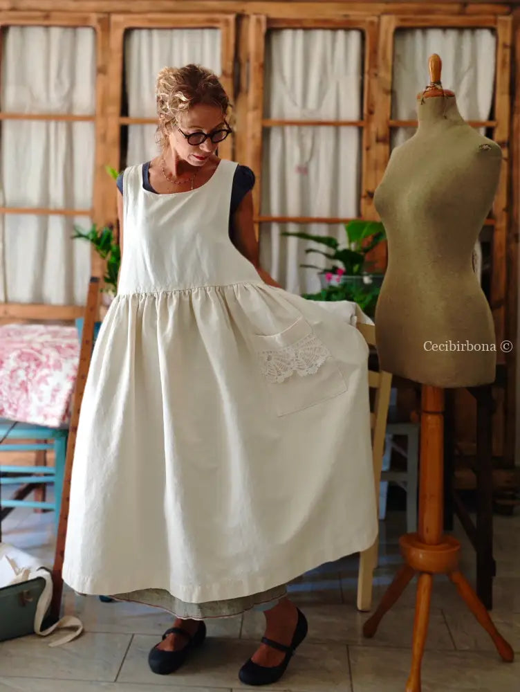 Grembiule in cotone e canapa vintage con bordo all’uncinetto (Ref. 300) grembiule donna in tessuto antico