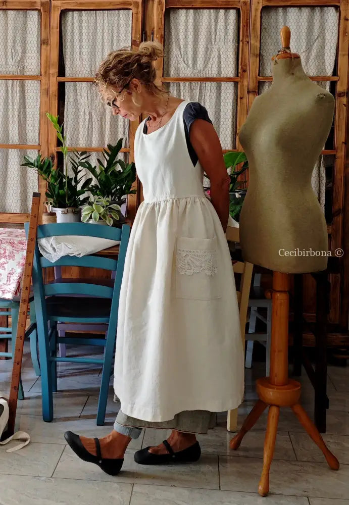 Grembiule in cotone e canapa vintage con bordo all’uncinetto (Ref. 300) grembiule donna in tessuto antico