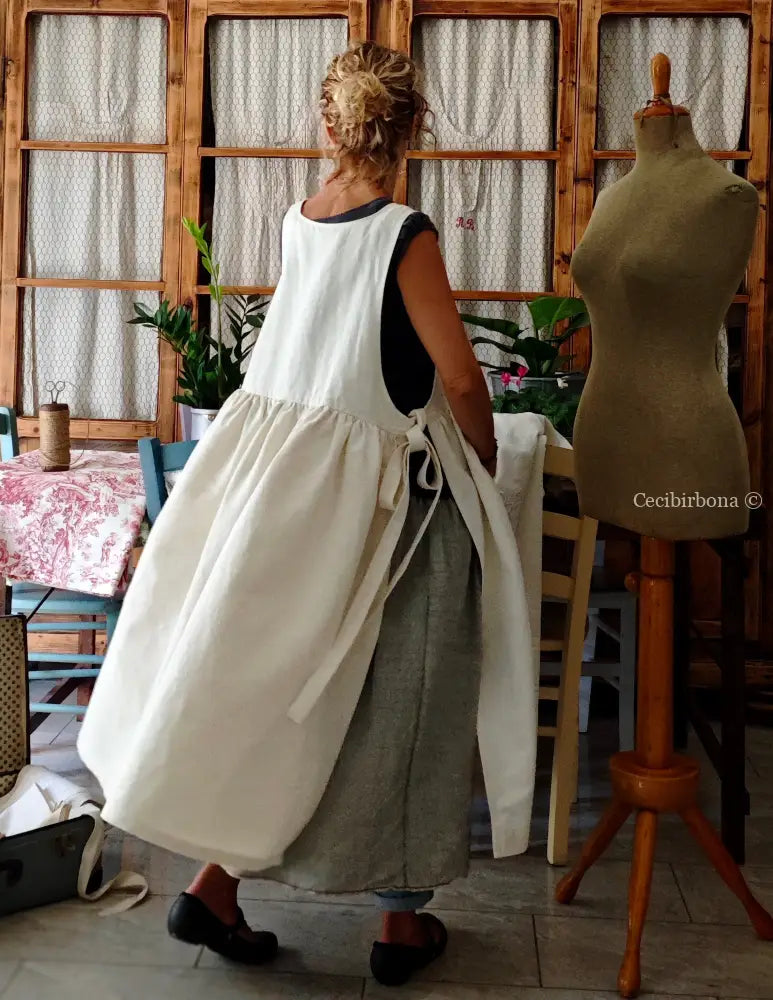 Grembiule in cotone e canapa vintage con bordo all’uncinetto (Ref. 300) grembiule donna in tessuto antico