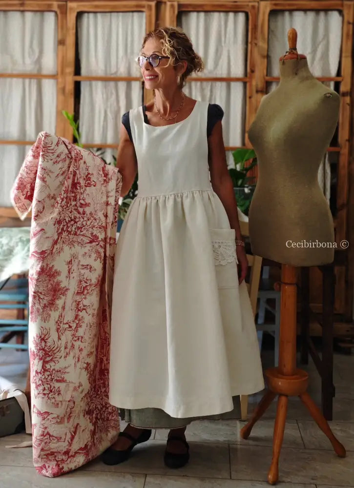 Grembiule in cotone e canapa vintage con bordo all’uncinetto (Ref. 300) grembiule donna in tessuto antico