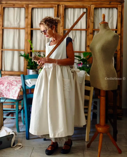 Grembiule in cotone e canapa vintage con bordo all’uncinetto (Ref. 300) grembiule donna in tessuto antico