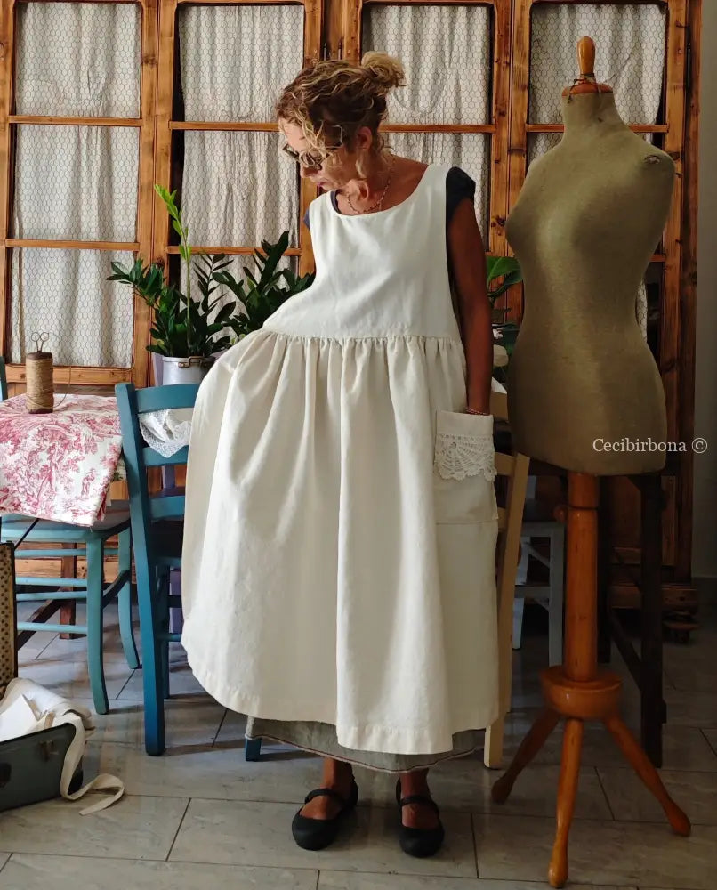 Grembiule in cotone e canapa vintage con bordo all’uncinetto (Ref. 300) grembiule donna in tessuto antico