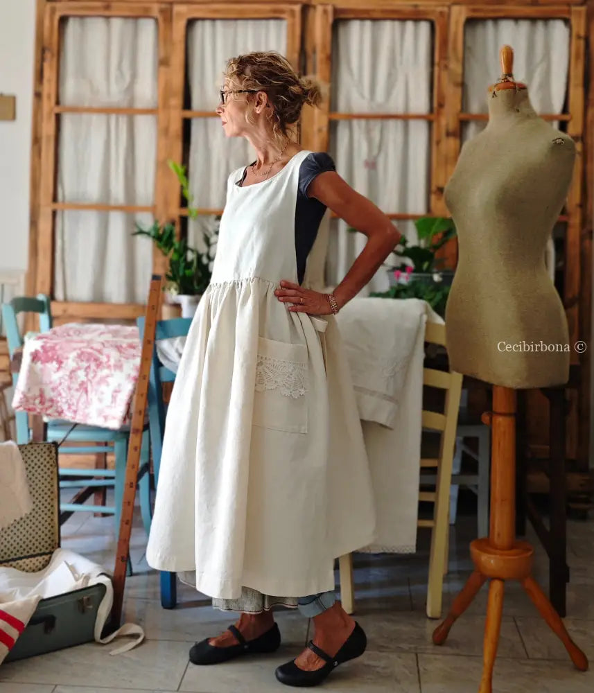 Grembiule in cotone e canapa vintage con bordo all’uncinetto (Ref. 300) grembiule donna in tessuto antico