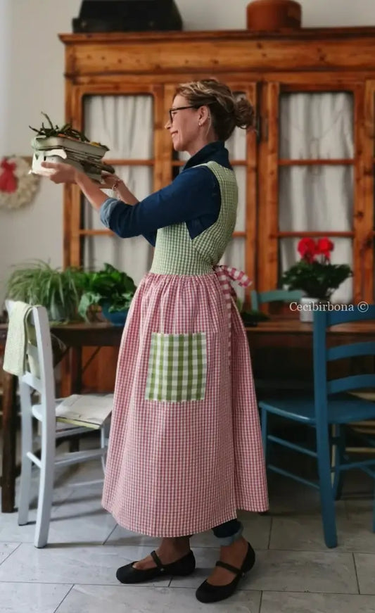 Grembiule in cotone patchwork a quadri rosa e verdi (Ref. 449) grembiule donna tessuti moderni