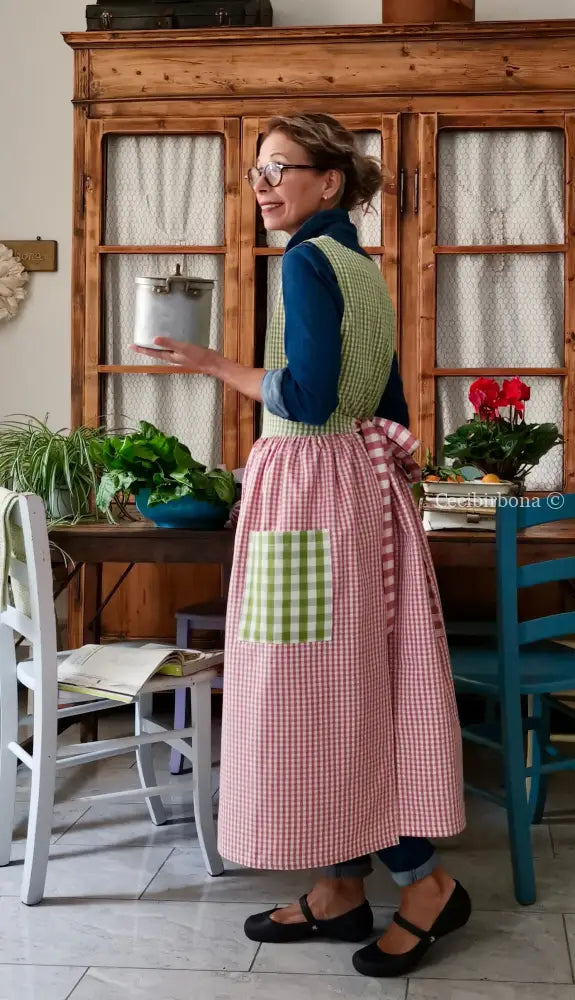 Grembiule in cotone patchwork a quadri rosa e verdi (Ref. 449) grembiule donna tessuti moderni
