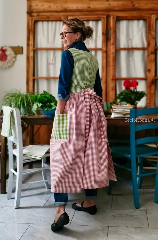 Grembiule in cotone patchwork a quadri rosa e verdi (Ref. 449) grembiule donna tessuti moderni