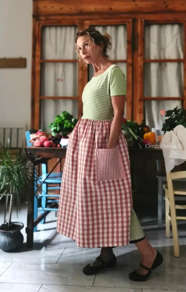 Grembiule in cotone patchwork a quadri rosa e verdi (Ref. 516) - grembiule donna tessuti moderni