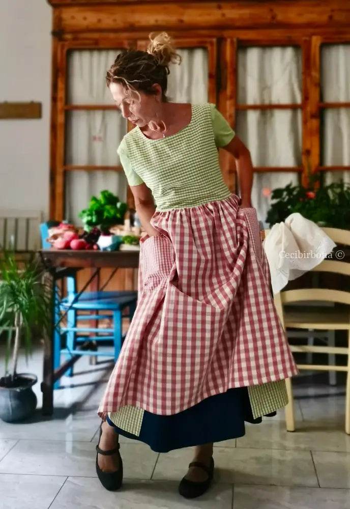 Grembiule in cotone patchwork a quadri rosa e verdi (Ref. 516) - grembiule donna tessuti moderni