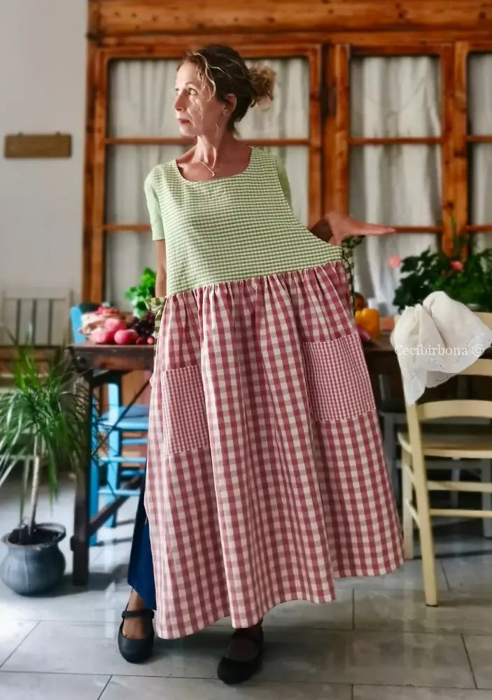 Grembiule in cotone patchwork a quadri rosa e verdi (Ref. 516) - grembiule donna tessuti moderni
