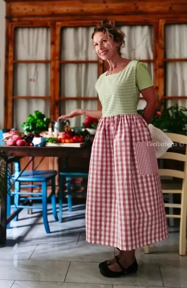 Grembiule in cotone patchwork a quadri rosa e verdi (Ref. 516) - grembiule donna tessuti moderni