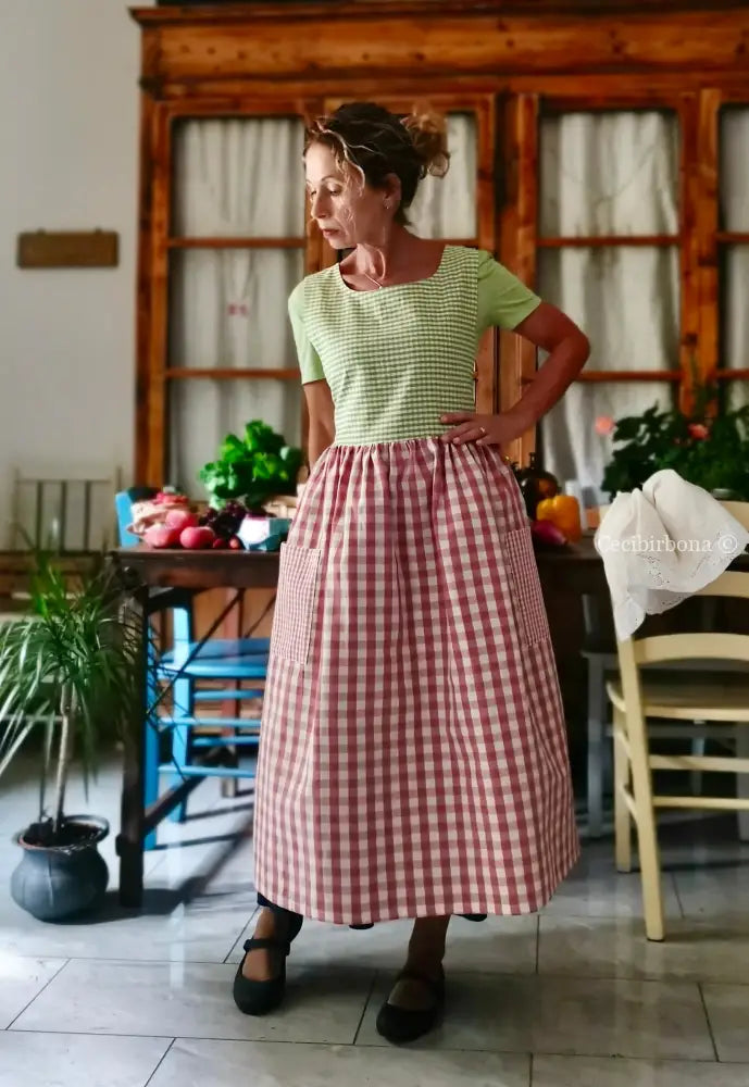 Grembiule in cotone patchwork a quadri rosa e verdi (Ref. 516) - grembiule donna tessuti moderni