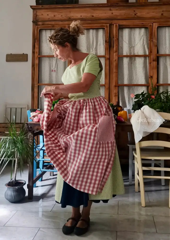 Grembiule in cotone patchwork a quadri rosa e verdi (Ref. 516) - grembiule donna tessuti moderni