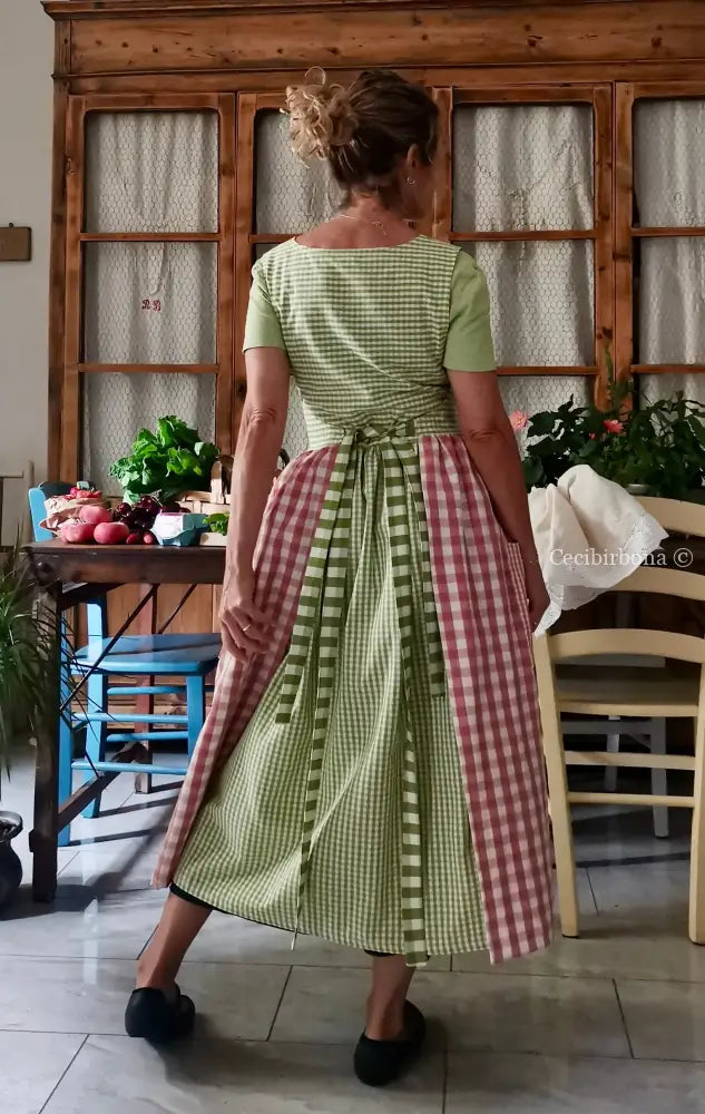 Grembiule in cotone patchwork a quadri rosa e verdi (Ref. 516) - grembiule donna tessuti moderni