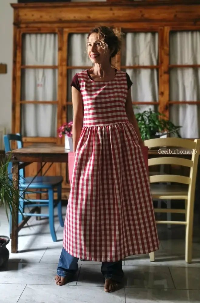 Grembiule in cotone patchwork a righe e quadri rosso ciliegia (Ref. 508) - grembiule donna tessuti moderni
