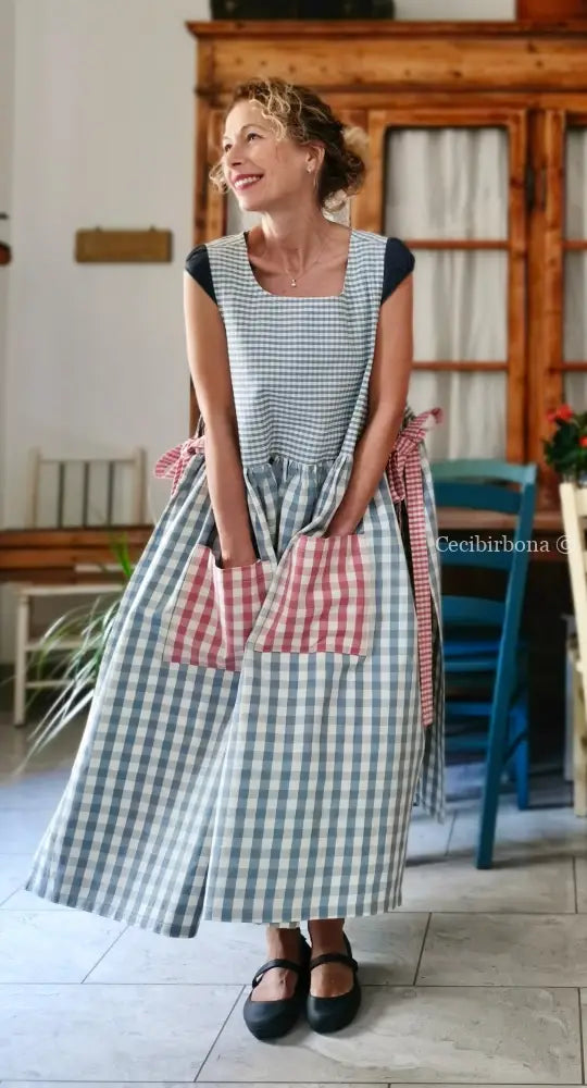 Grembiule in cotone patchwork rosa e celeste (Ref. 507) - grembiule donna tessuti moderni