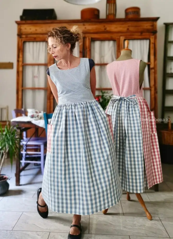 Grembiule in cotone patchwork rosa e celeste (Ref. 507) - grembiule donna tessuti moderni