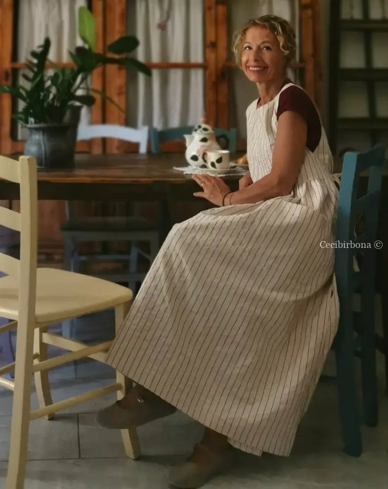 Grembiule in cotone rigato beige e rosso scuro (Ref. 28) grembiule donna tessuti moderni