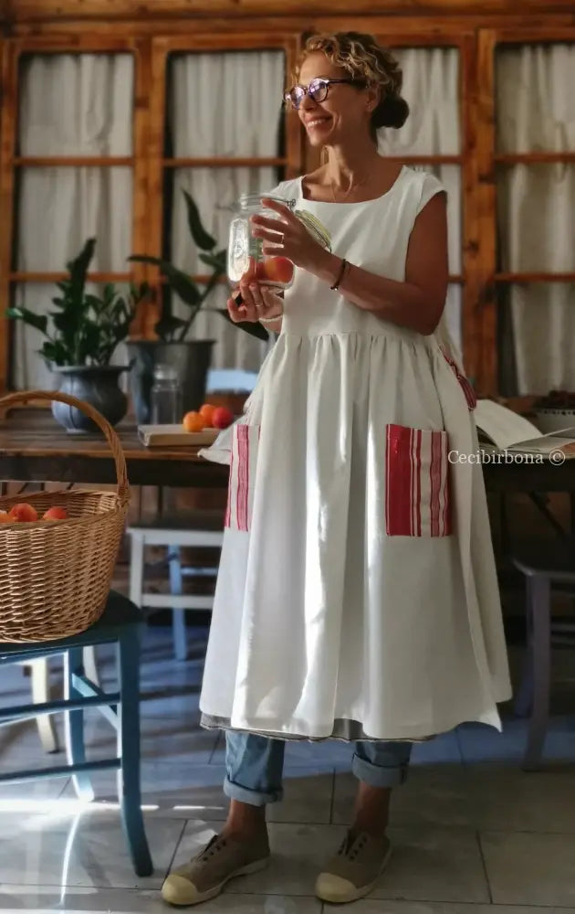 Grembiule in cotone vintage con dettagli in tessuto da materassi grembiule donna antico