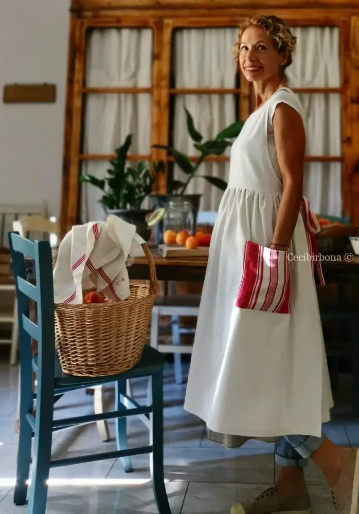 Grembiule in cotone vintage con dettagli in tessuto da materassi grembiule donna antico