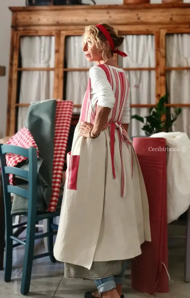 Grembiule in cotone vintage con dettagli in tessuto da materassi grembiule donna antico